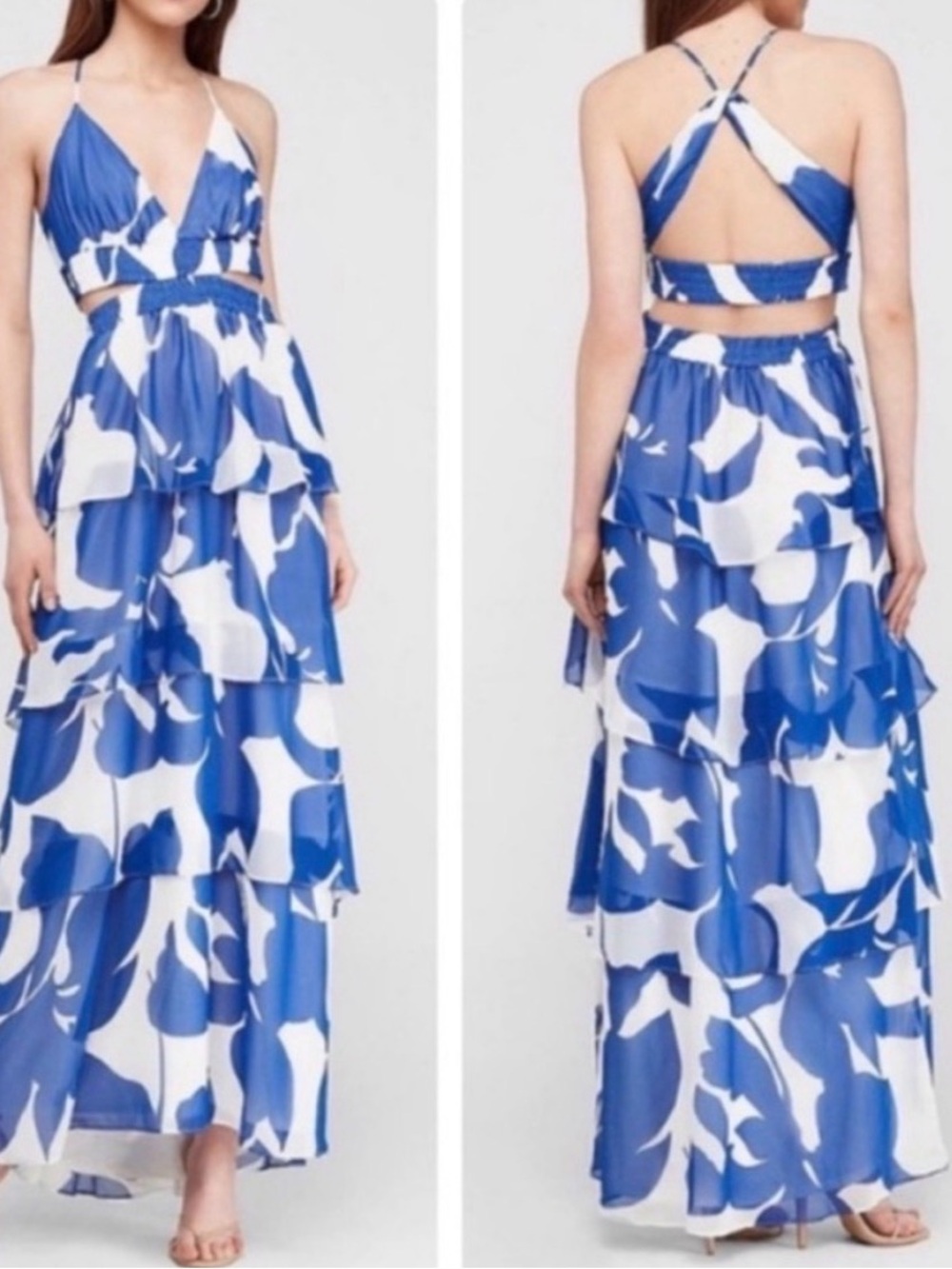 Express Blue White Floral Tiered Cutout Maxi Dress M